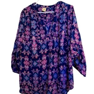 Faded Glory Blouse XXL (20) button sleeve teal, pink, blue, white